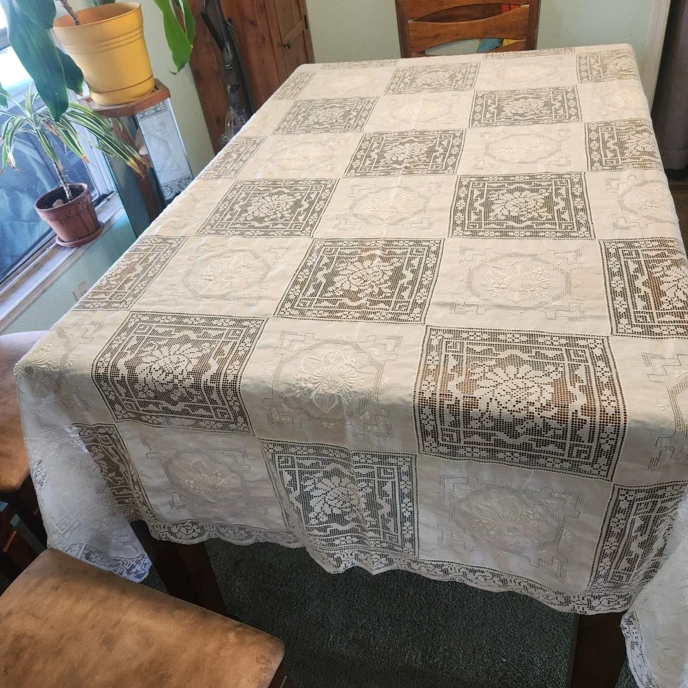 Vtg Filet Lace And Embroidered Panels Patchwork Tablecloth Cottagecore 66 X 88